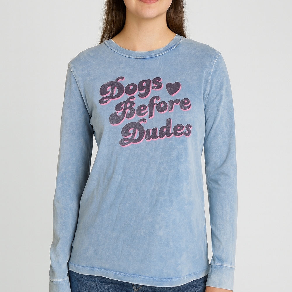 'Dogs Before Dudes' L Slogan Top 100% Cotton Feminist Soft Blue L/S Crew Neck